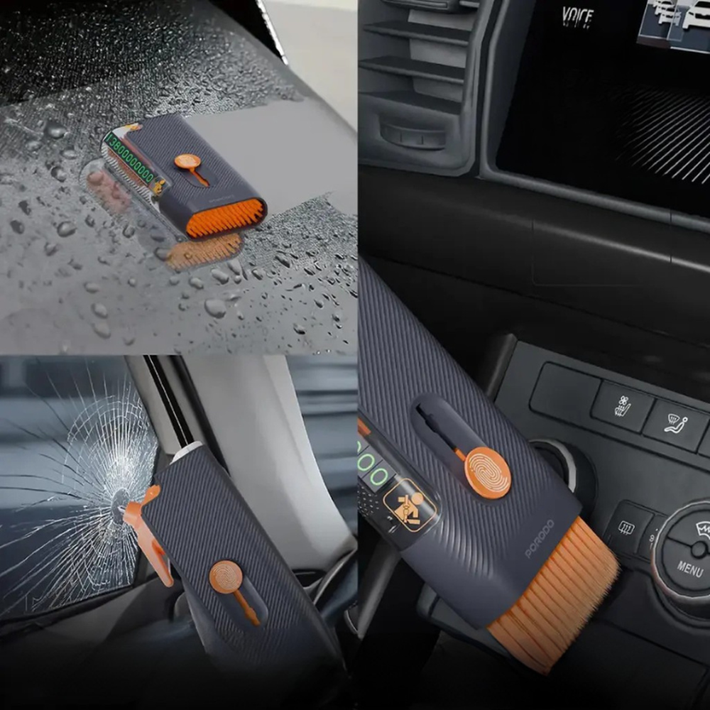 Porodo car window breaker and cleaning brush kit for vehicle safety