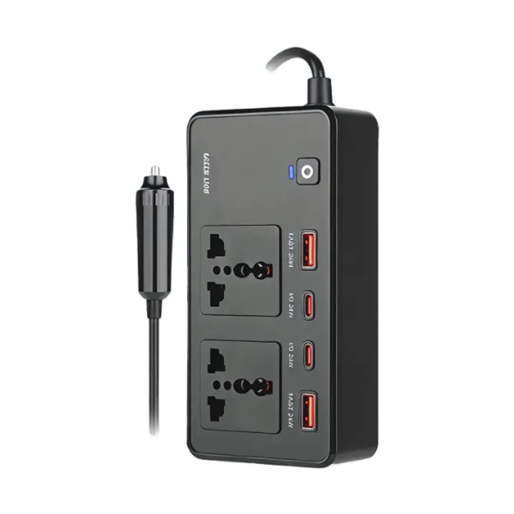 Green Lion 24W car inverter with dual AC outlets and four USB ports for fast charging