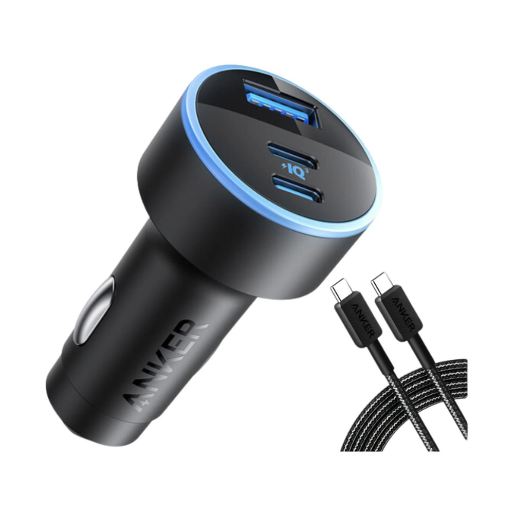 Anker 67W car charger with included braided fabric USB-C cable