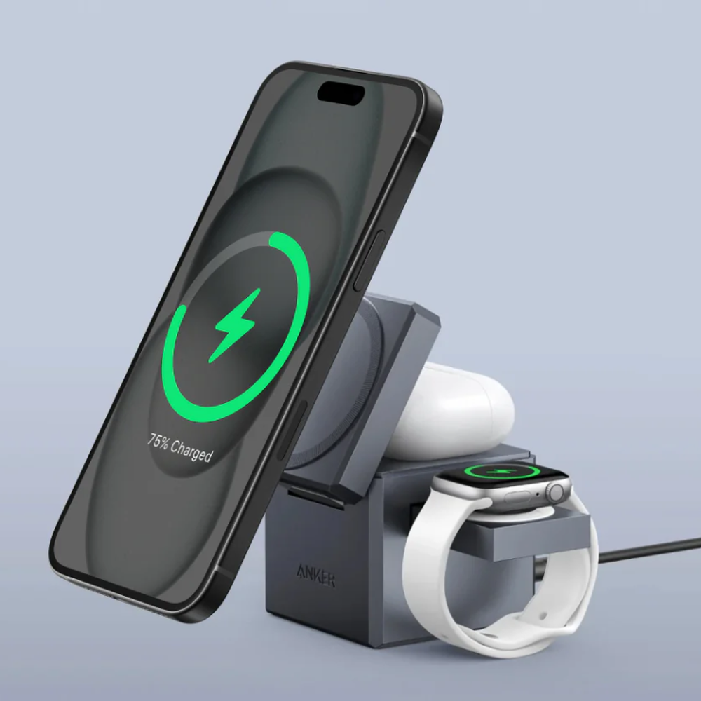 Anker 3-in-1 cube charging station holding iPhone Apple Watch and AirPods simultaneously
