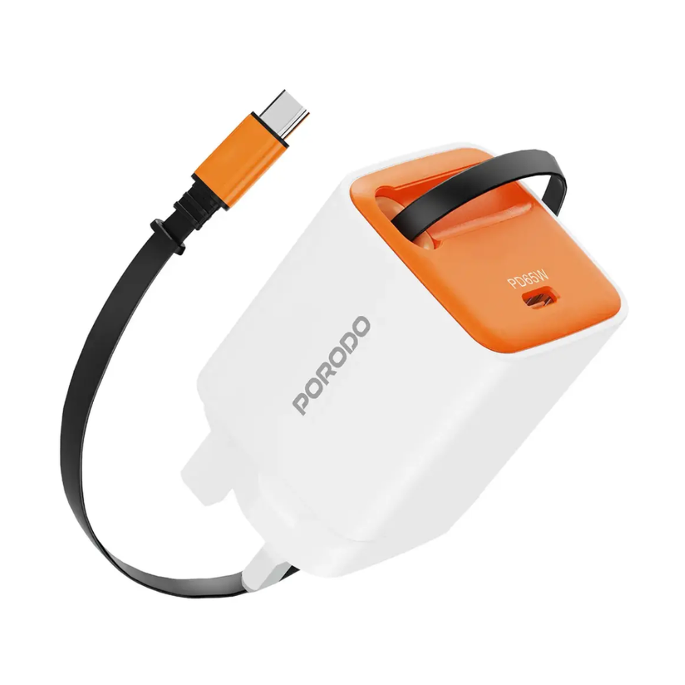 White Porodo 65W GaN wall charger showing retractable cable and carrying loop