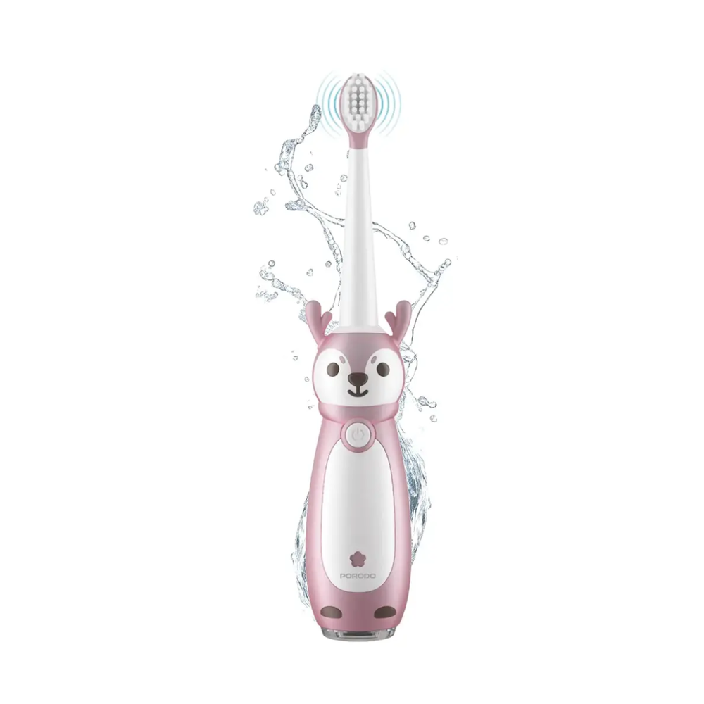 Pink Porodo electric toothbrush for children featuring deer design and IPX7 waterproof rating