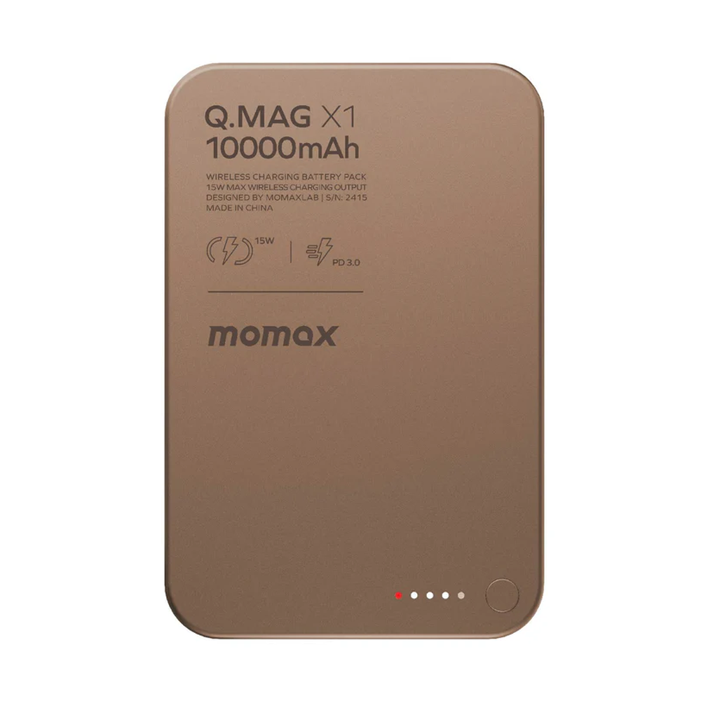 Front view of bronze Momax 10000mAh magnetic power bank with 15W output and LED battery level display