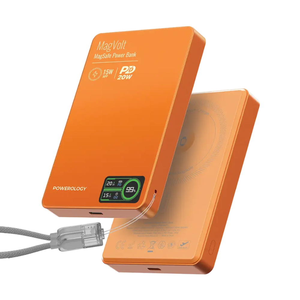 Orange MagSafe power bank front and back view with digital display and braided USB-C cable