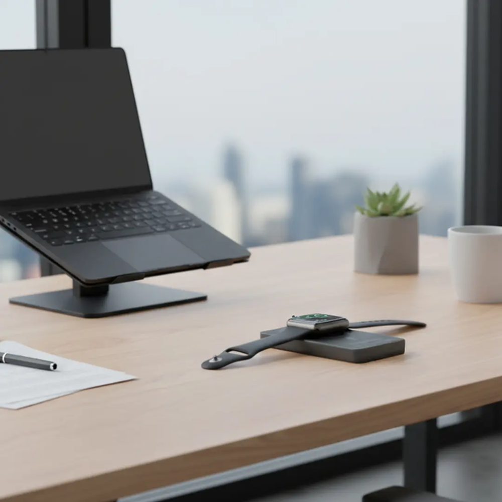 Dark gray power bank charging smartwatch on wooden desk in modern office workspace