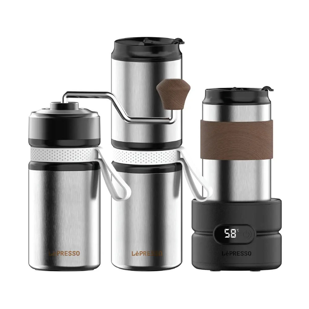 LePresso 4-in-1 portable coffee maker components with battery and grinder