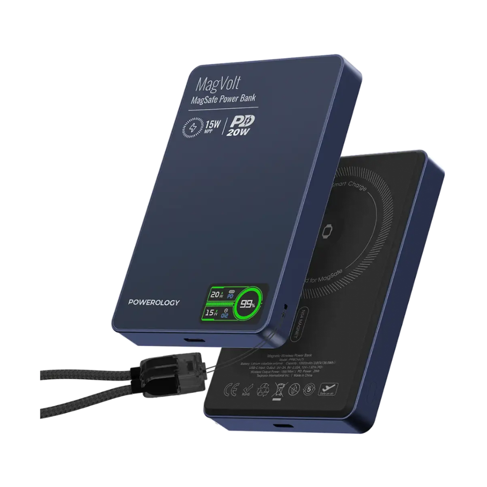 Navy blue MagSafe power bank angled view with smart watch charging icon and USB-C cable