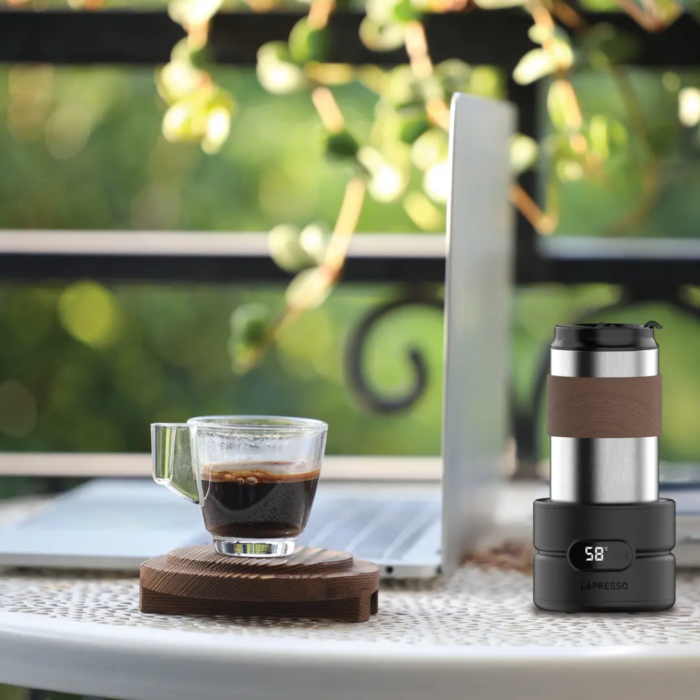 LePresso outdoor portable coffee set brewing on table with digital display