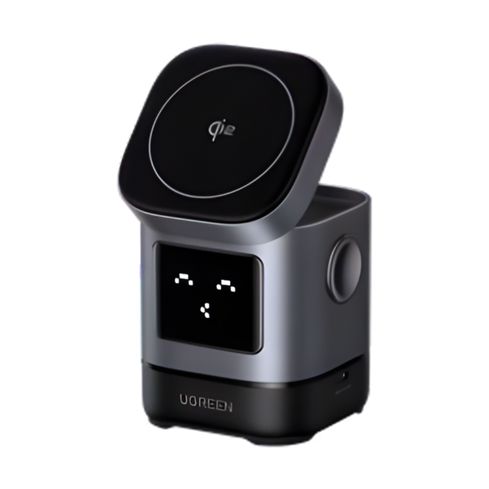 Front view of Ugreen 15W charger with open lid, Qi symbol, and pixel display