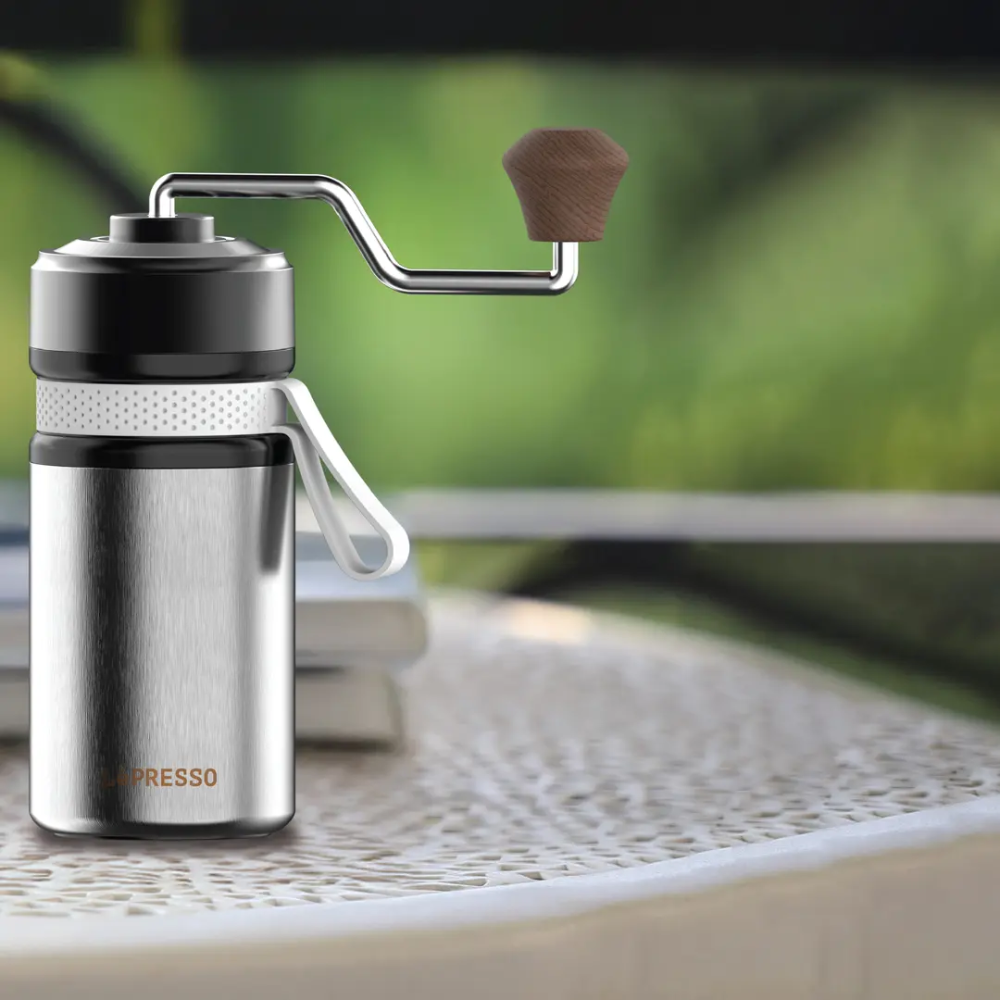 LePresso stainless steel hand coffee grinder with wooden crank