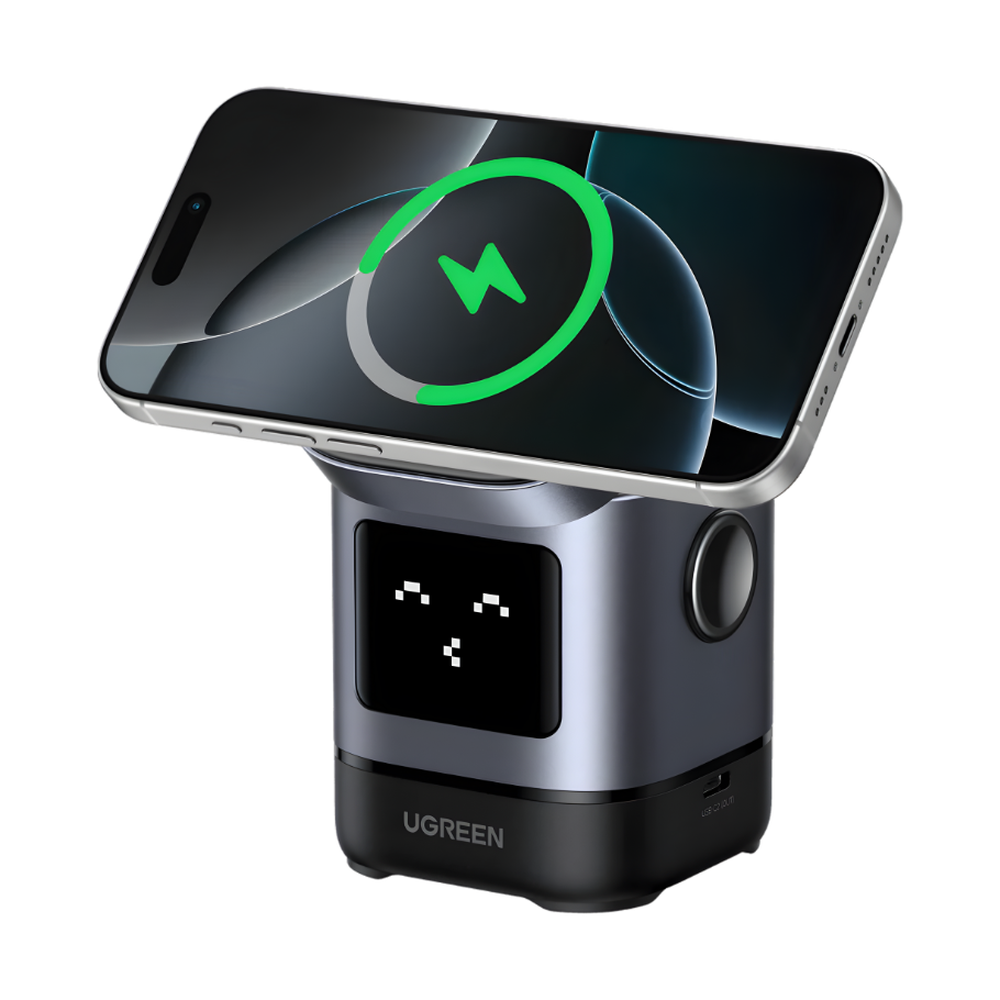 Ugreen robot display wireless charging station showing animated pixel face and logo