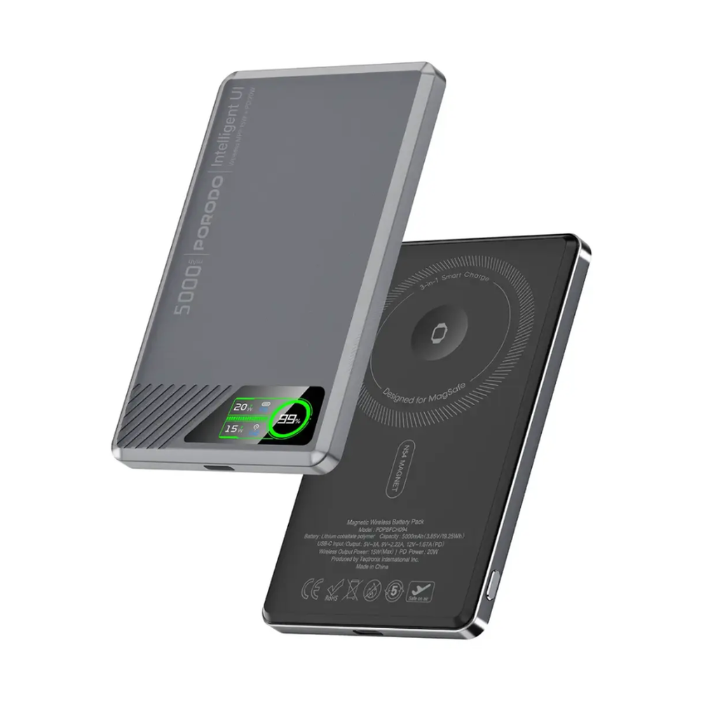 Gray Porodo 20W magnetic power bank with real-time display and ultra-slim 10mm design