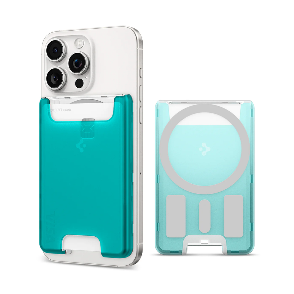 Teal Spigen MagSafe wallet attached to and detached from white iPhone showing magnetic ring