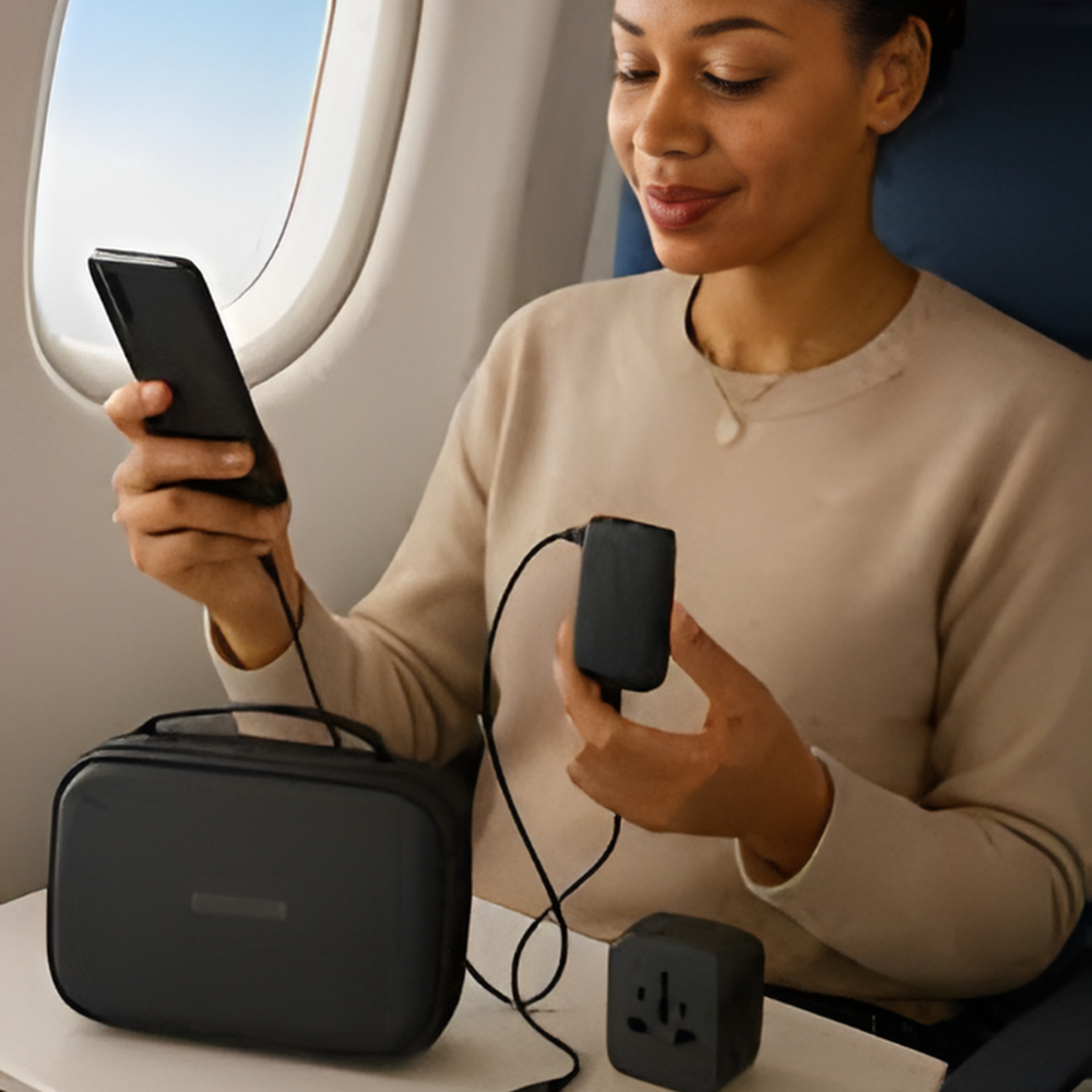 Woman using Momax universal travel adapter with phone during airplane flight