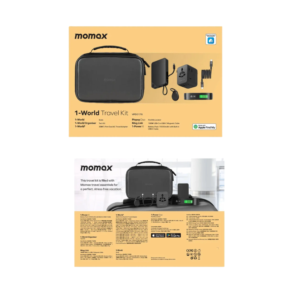 Momax 1-World Travel Kit packaging showing contents and Apple Find My compatibility badge