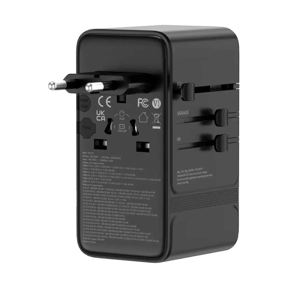 Rear view of universal wall adapter with extended EU plug head and safety labels
