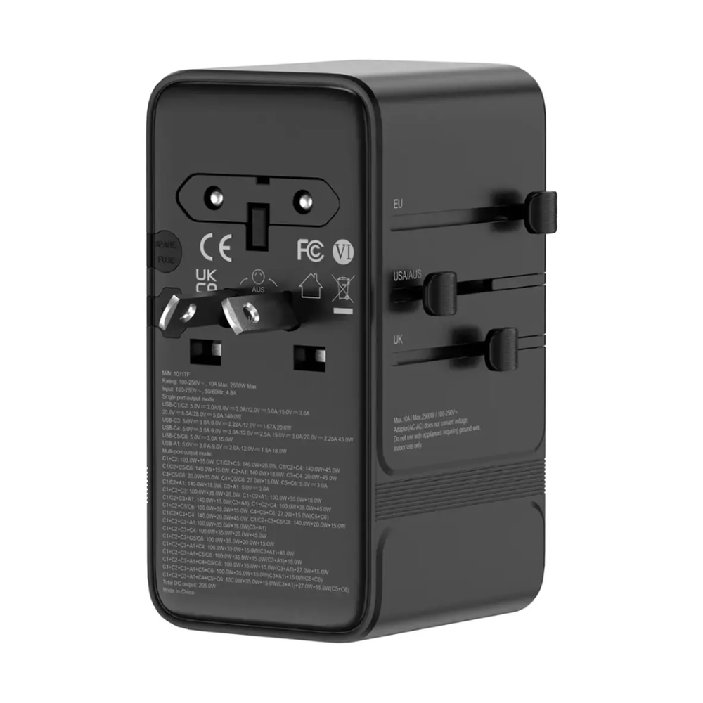 Three-quarter rear view of 205W GaN wall charger with interchangeable plugs