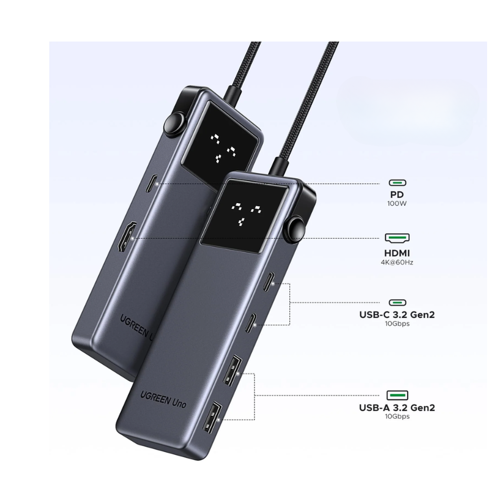 Ugreen Uno hub port specs diagram showing 100W PD and 10Gbps speeds