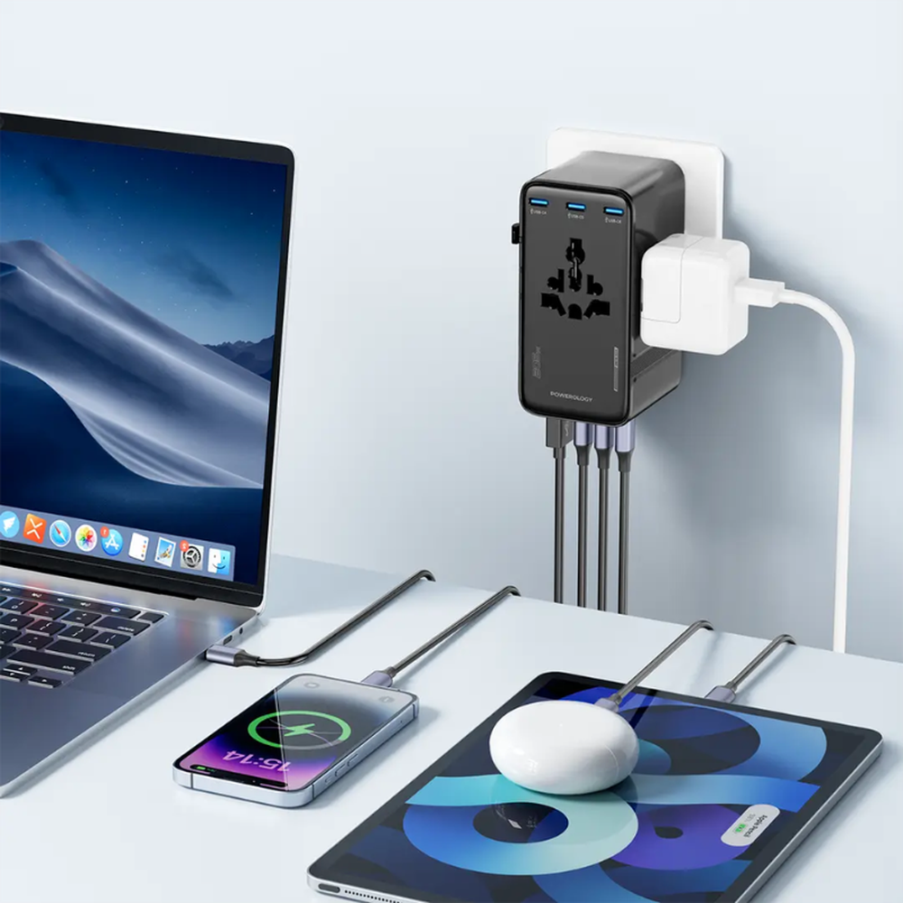 Wall mounted 7-port charging station for multiple devices including wireless phone