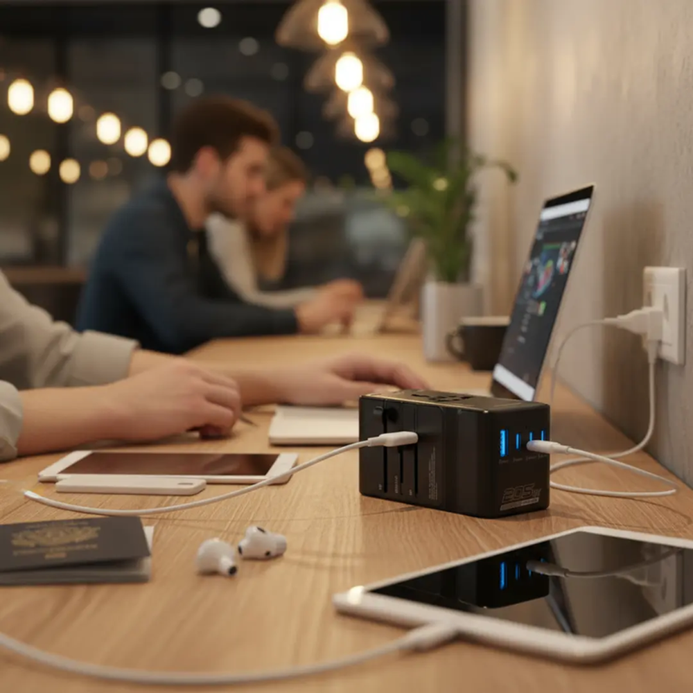 Travel wall charger powering laptop tablet and earbuds simultaneously