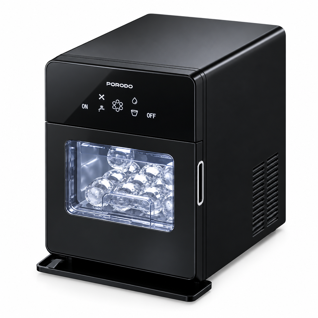 Porodo black instant ice maker with transparent window showing spherical ice cubes