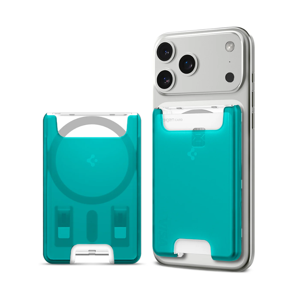 Teal translucent Spigen MagSafe wallet for iPhone with 3-card storage and finger cutout