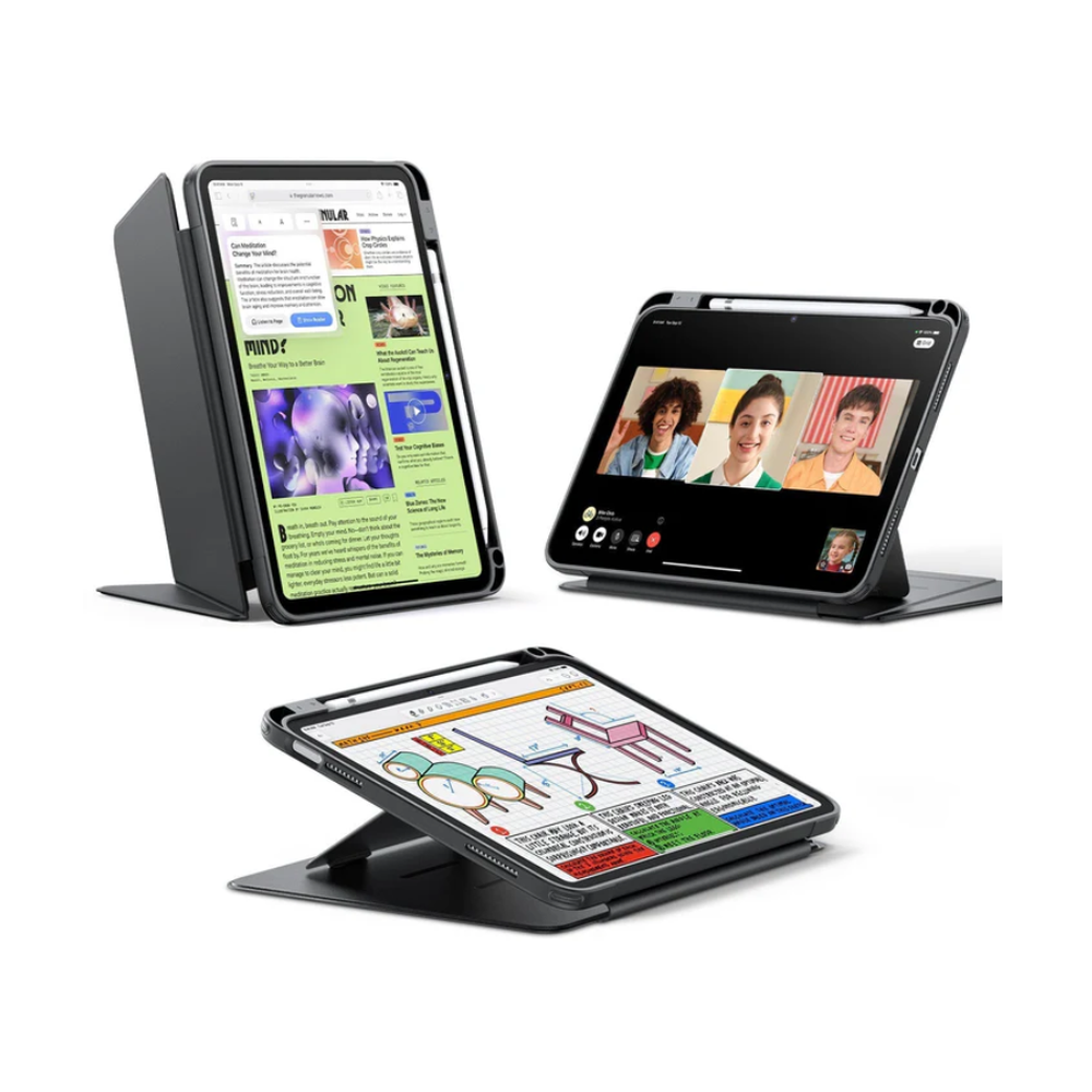 Black ESR iPad case showing landscape viewing modes for work and art