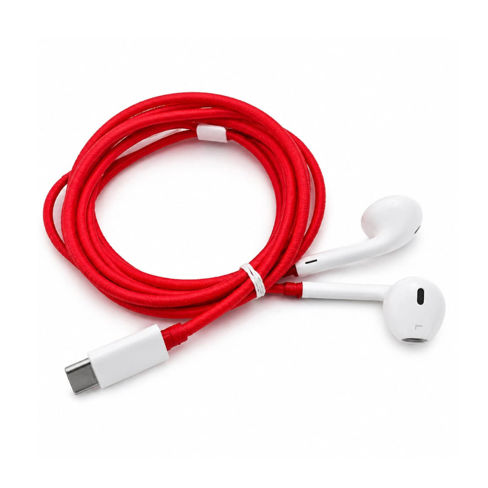Apple USB-C wired earphones with red braided cable and white earbuds