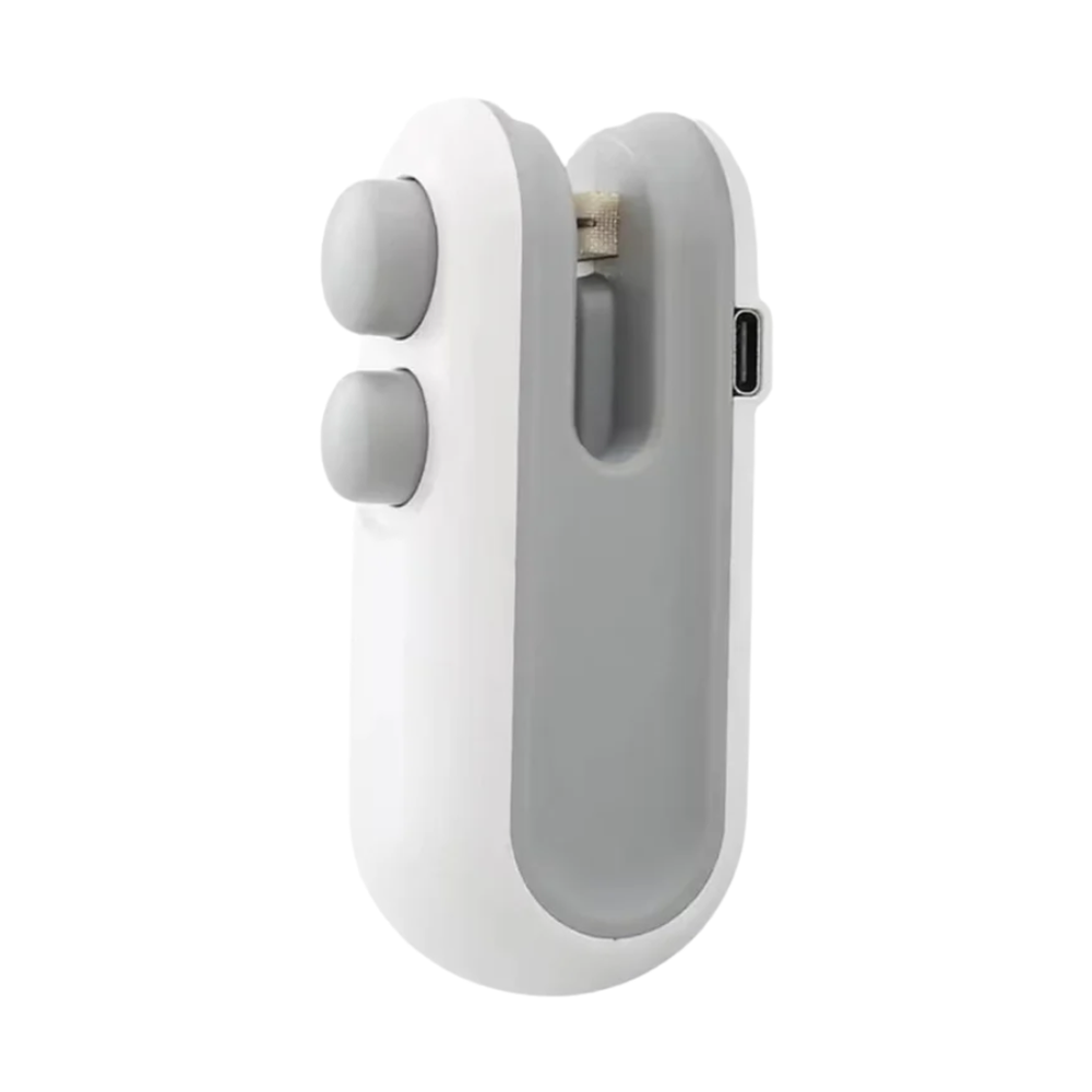 Ergonomic white handheld heat sealer side profile view
