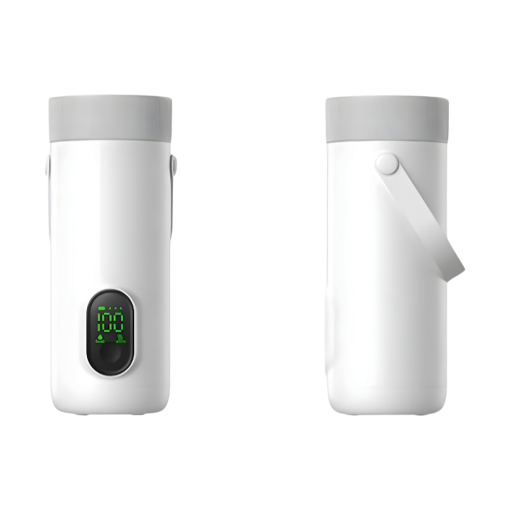 Folded handle view of white portable electric kettle with digital temperature control