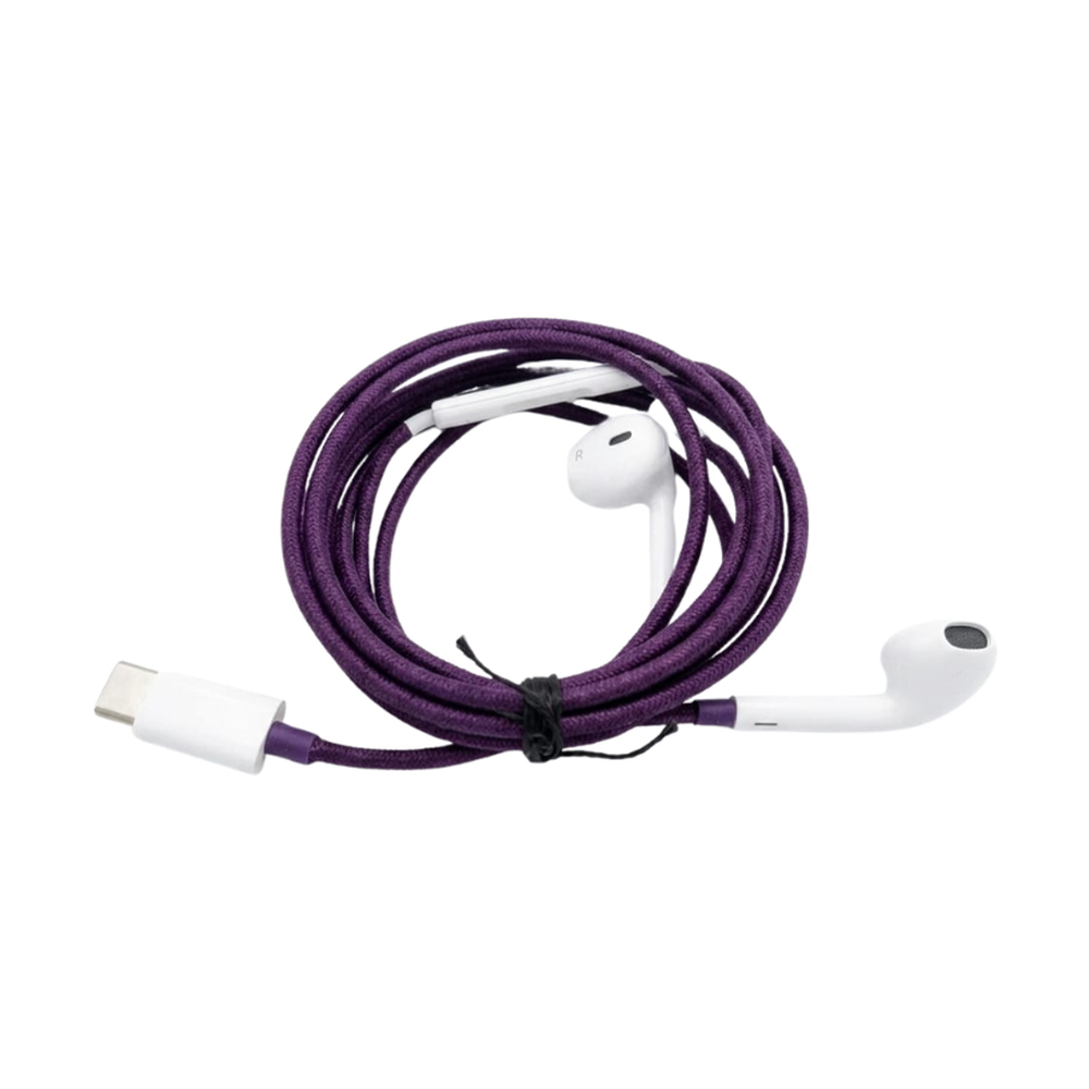 Apple USB-C wired earphones with purple braided cable and white earbuds