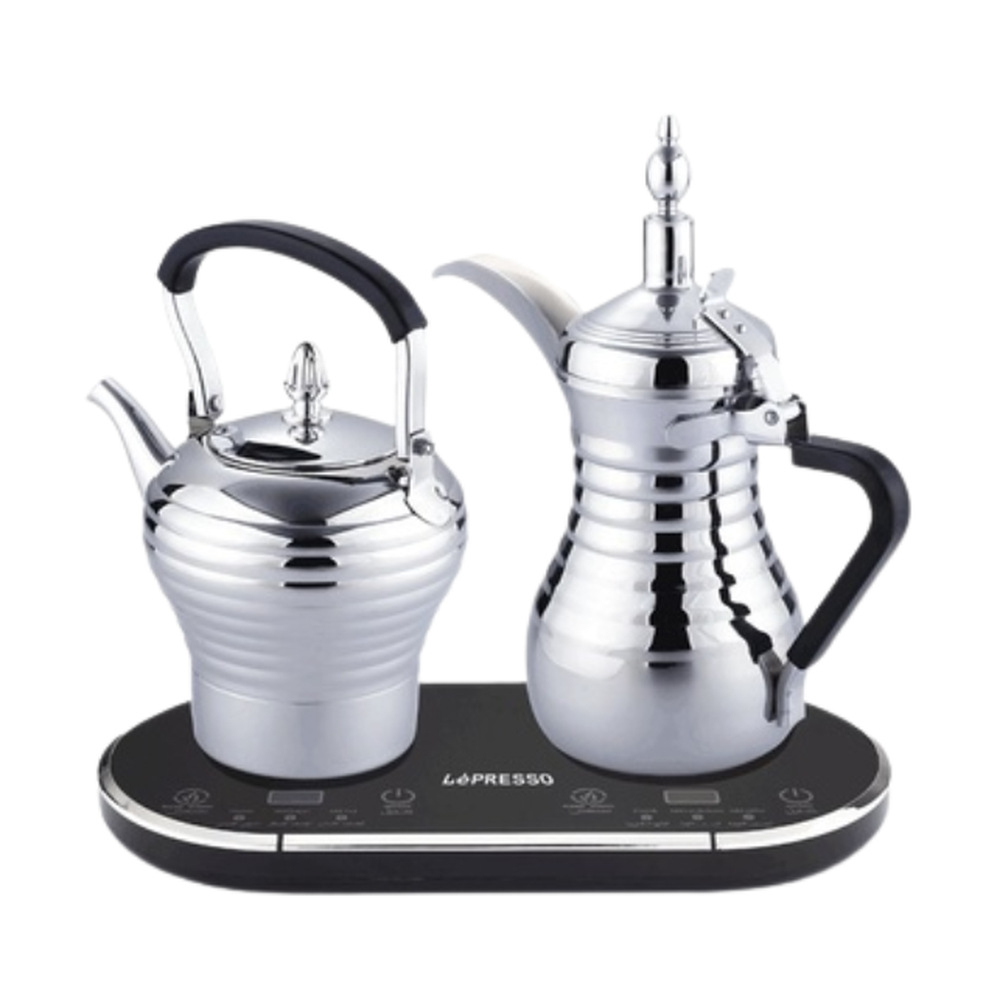 Silver LePresso dual pot electric Arabic coffee system with brand logo on black base