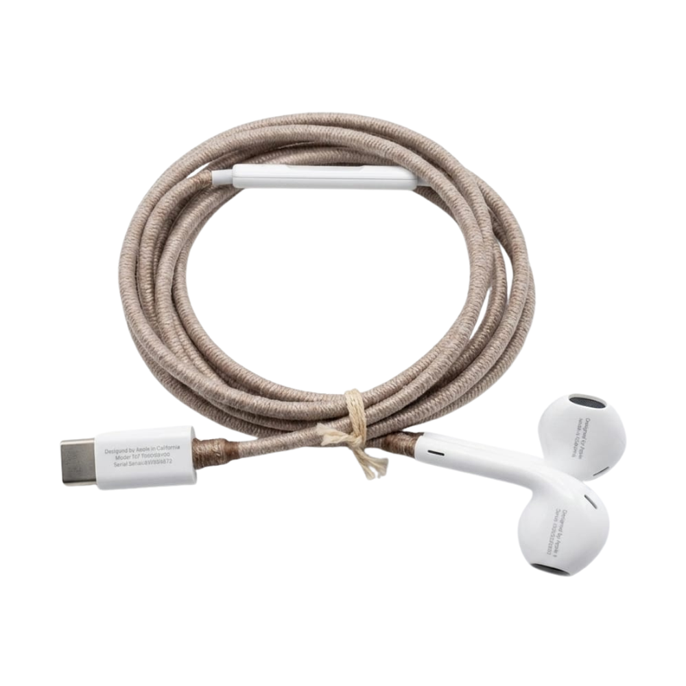 Apple USB-C wired earphones with beige textured cable and white earbuds