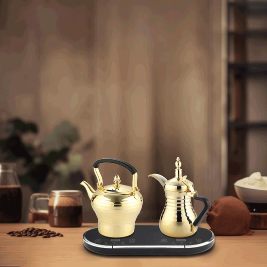 LePresso dual pot electric Arabic dallah with golden kettle and coffee pot on wooden surface
