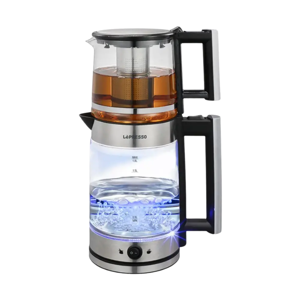 LePresso dual vessel Turkish tea glass kettle with blue LED heating and stainless steel base