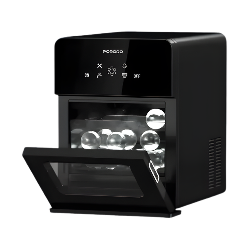 Open Porodo sphere ice maker revealing clear round ice balls inside