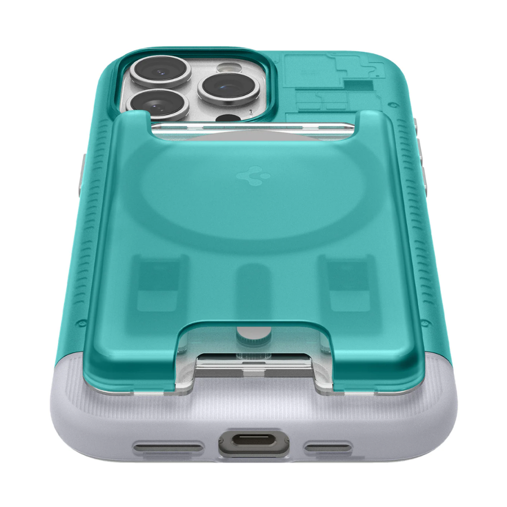 Teal phone case with integrated Spigen MagSafe wallet featuring textured grips and USB-C port