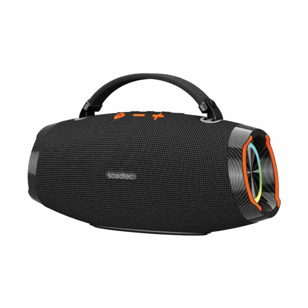 Side view of black fabric grille soundtec 100W stereo speaker with orange control buttons