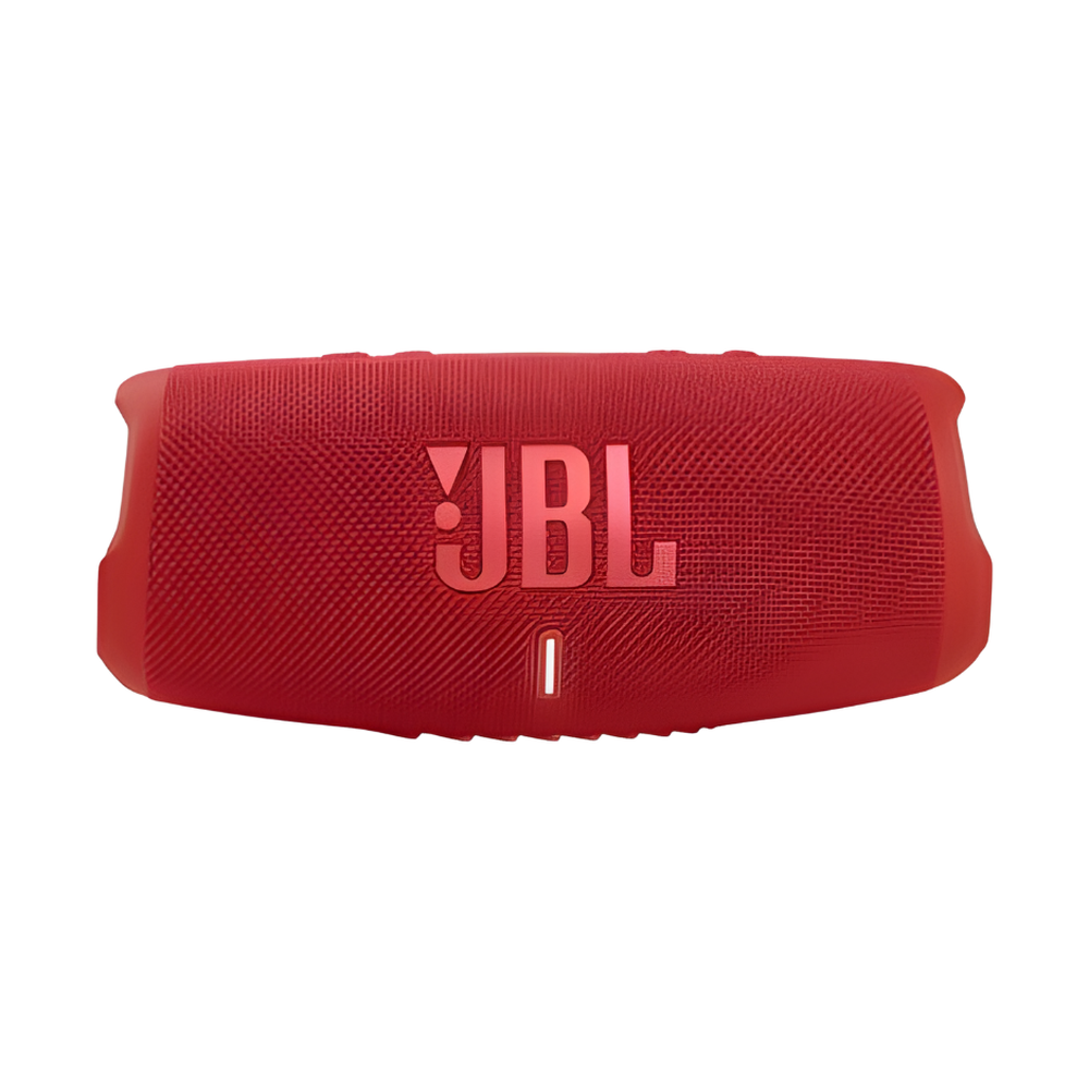 Front view of red JBL waterproof speaker with woven fabric grille and logo