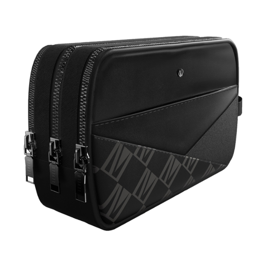 Black Levelo Saffiano leather pouch with geometric L logo panel and dual zippers