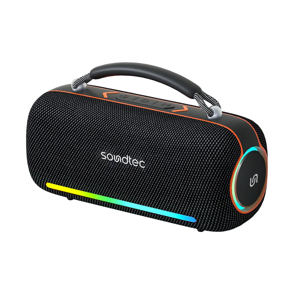 Black Soundtec Sonify 60W portable speaker with orange trim and rainbow LED light bar