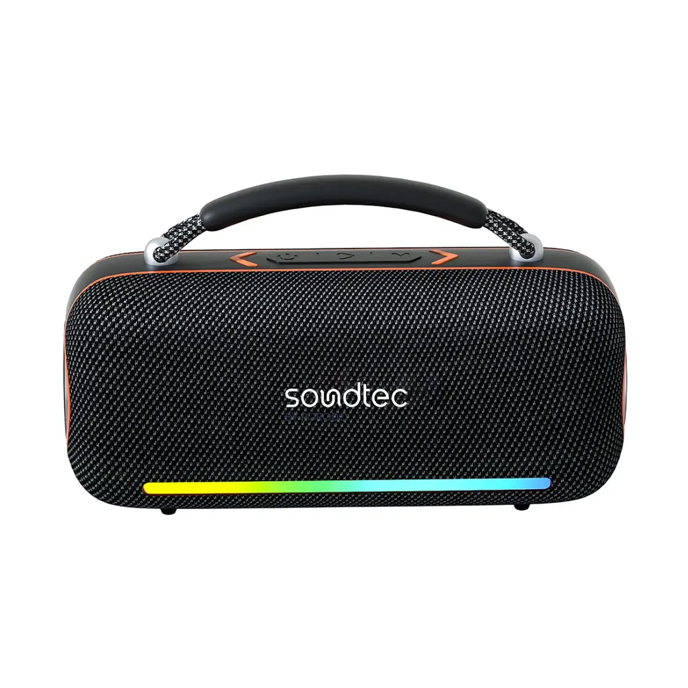 Front shot of black Soundtec 60W Bluetooth speaker with fabric grille and handle