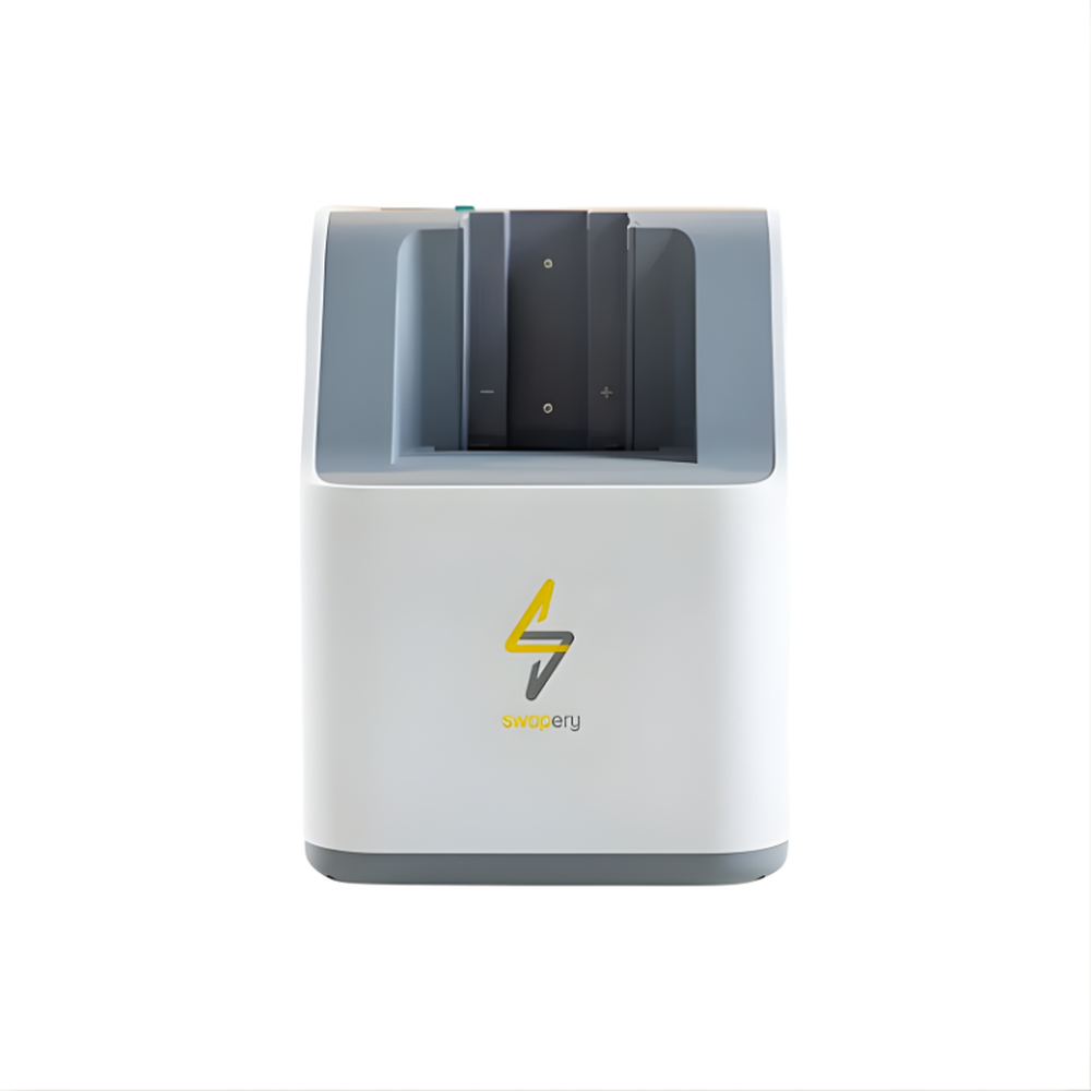 White Swapery battery swap station showing internal slots on white background