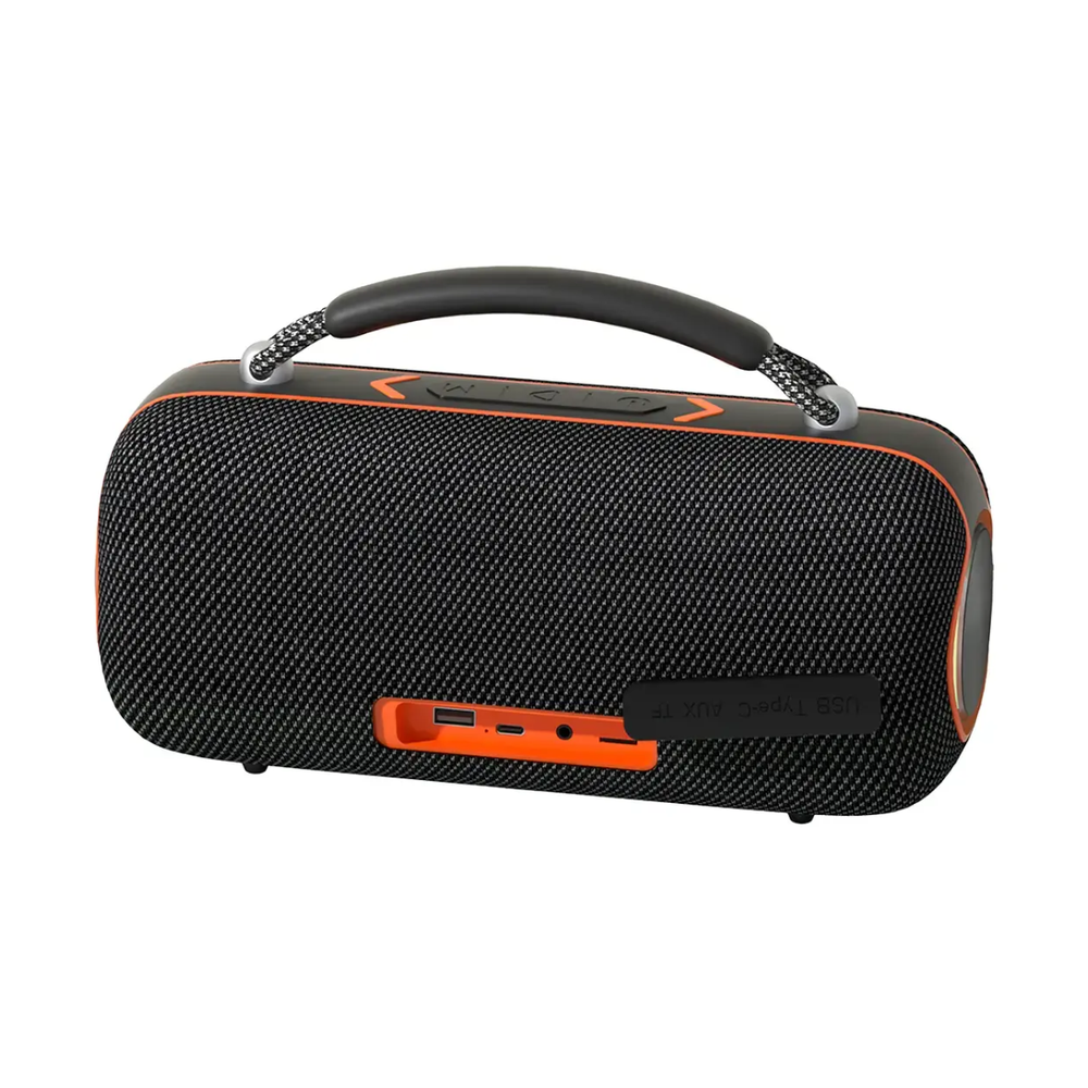 Rear view of black Soundtec speaker showing USB-C, AUX, and TF card ports