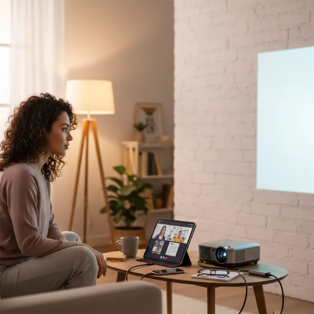 Powerology 240W charging cable connecting tablet to projector for video calls