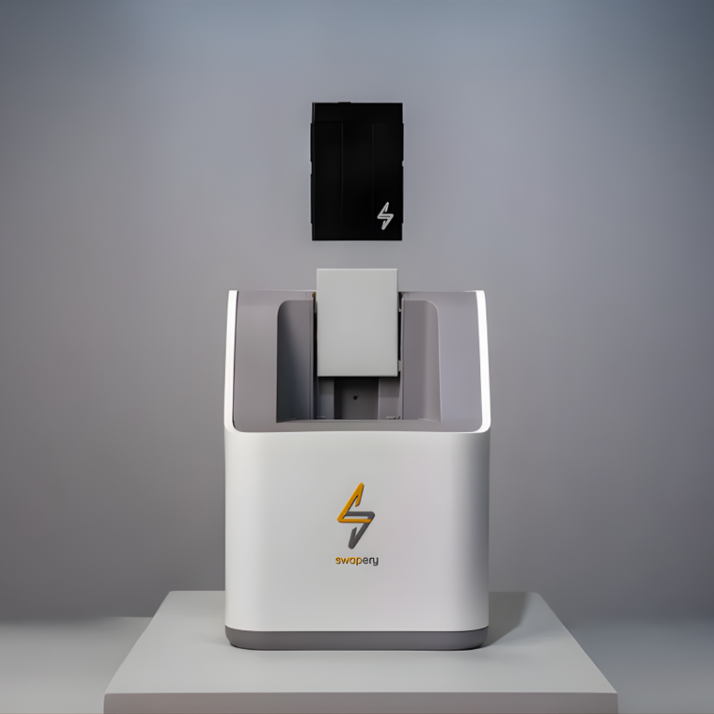 White Swapery charging station with suspended black battery pack