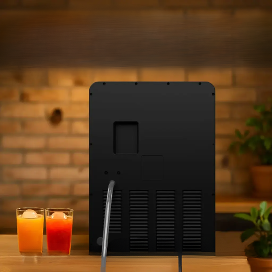 Rear view of black Porodo ice maker with ventilation grilles and cable