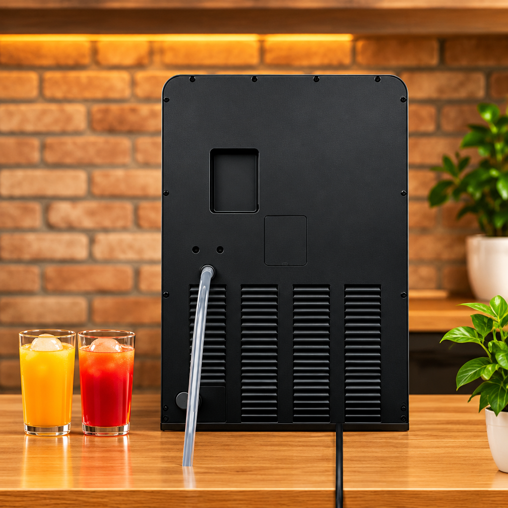Rear view of black Porodo ice maker with ventilation grilles and cable