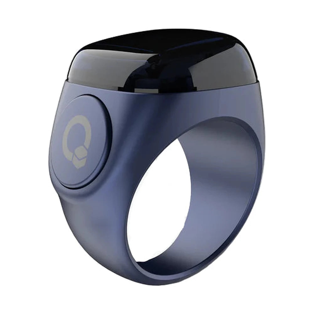 Smart ring with a glossy black top and blue band on a white background