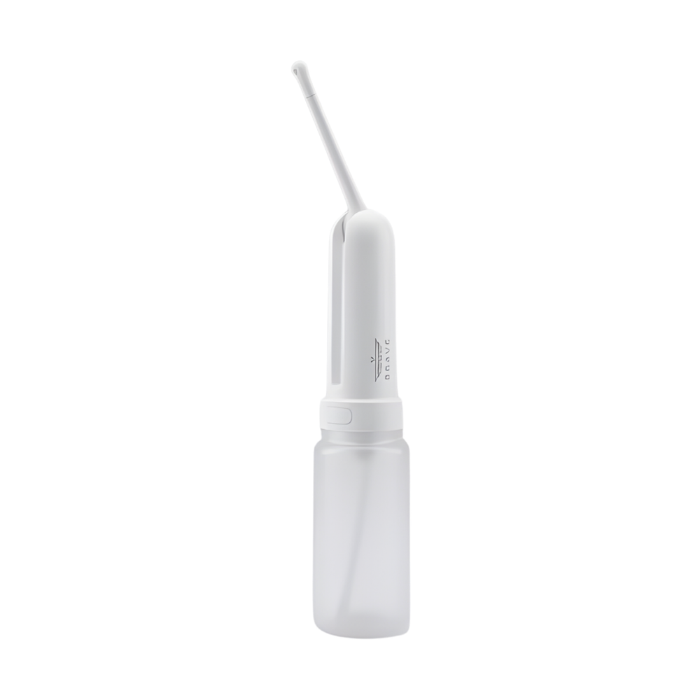 Front view of white rechargeable bidet sprayer with empty tank
